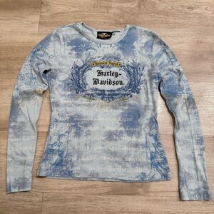 Harley-Davidson Women's Blue and White Long Sleeve Tee